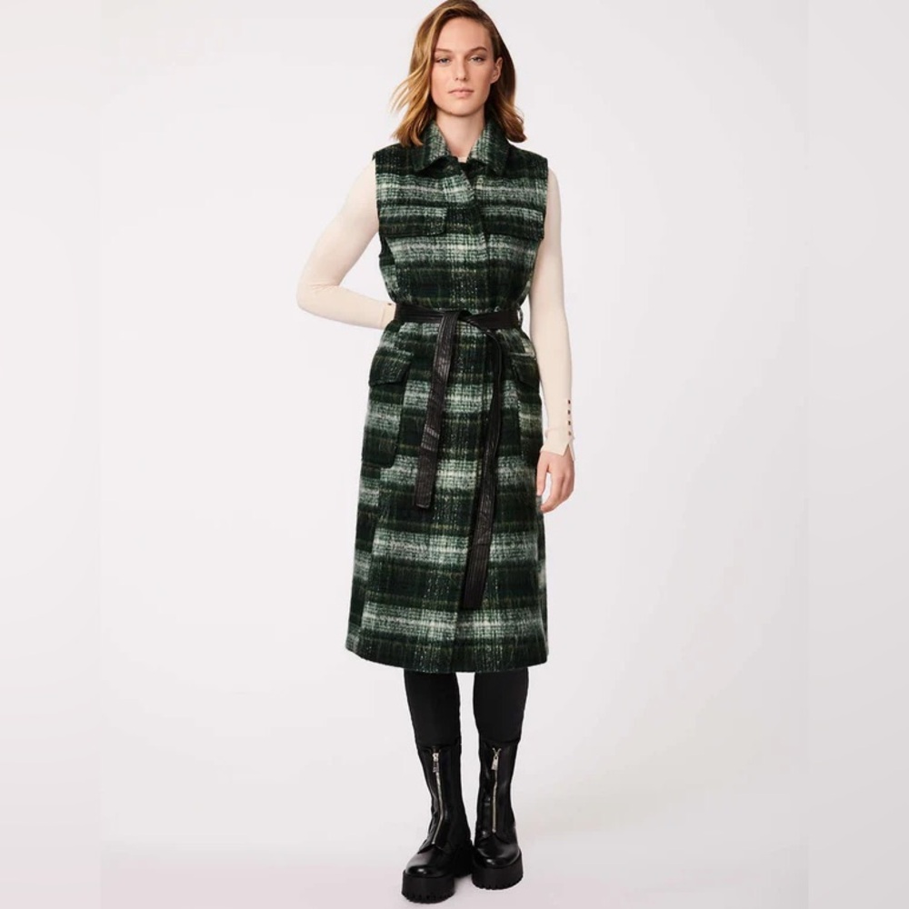 NWT Bernardo Plaid Belted Long Wool Vest Small Green